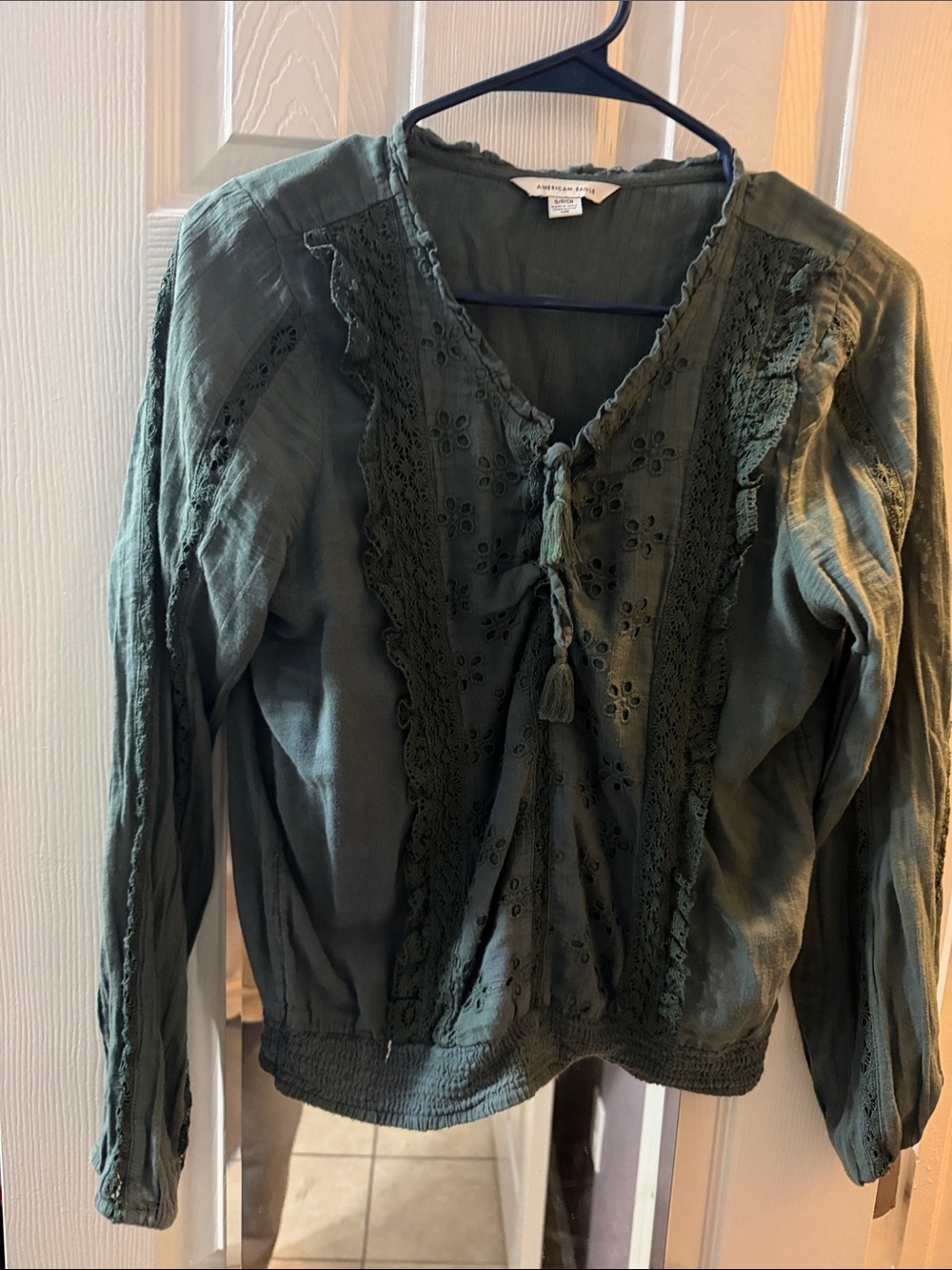 American Eagle Outfitters Olive Green Lace-Trim Peasant Blouse